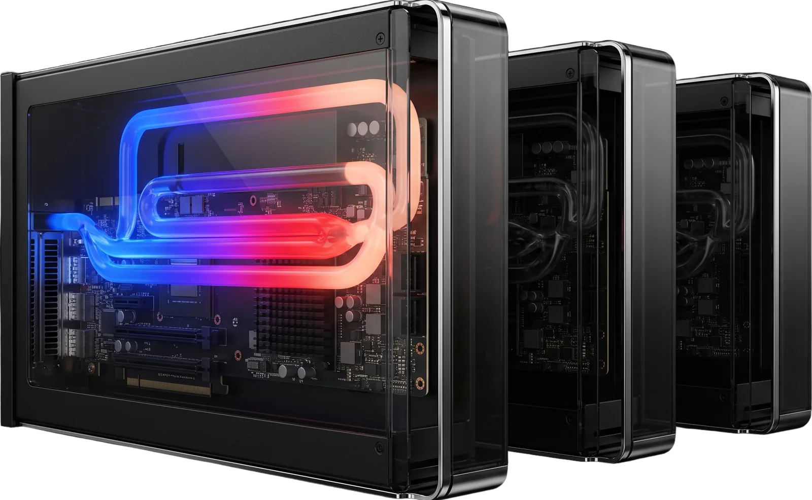 Three glass GPU units in a rack, the front one lit with the Fluence gradient, the two behind it dark